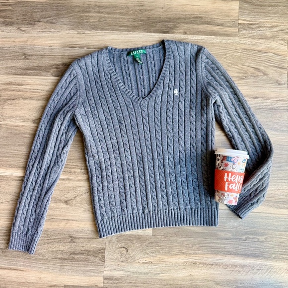 Lauren Ralph Lauren Gray Cable Knit V-Neck Sweater – Women’s Small, 100% Cotton - Picture 2 of 15